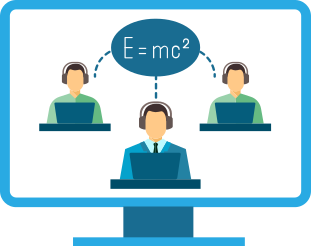 Três homens brancos com notebooks, pensando na fórmula E = mc^2, na tela de um monitor