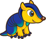 Tatu azul e amarelo sentado sorrindo representando o mascote da Delta