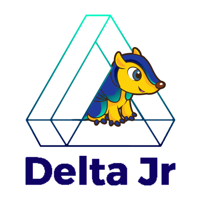 Mascote da Delta Júnior, o Deltatu, um tatu de pele amarela e olhos e casca azuis. Nesta imagem, ele está virado de lado, olhando para a direita.
