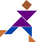Logo da Extensão do IMECC: Peças de tangram representando uma pessoa. A cabeça e os pés estão representadas por peças de cor entre marrom e laranja.